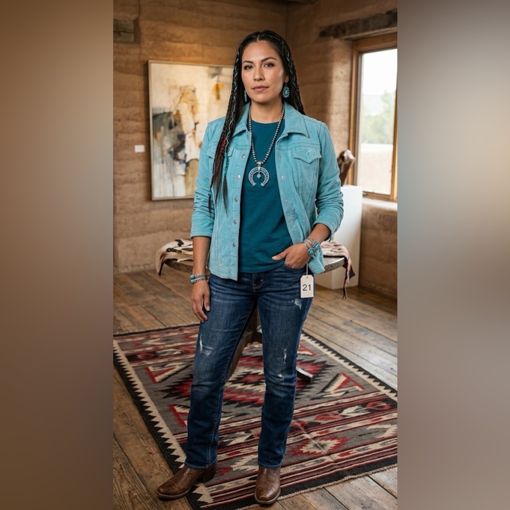 Vintage‎ AMI Teal Suede Leather Jacket MP western boho rodeo turquoise coastal